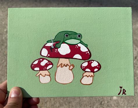 frog mushroom painting   mini canvas art canvas drawings diy