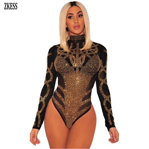 Zkess Body Suits For Women Winter Autumn Black Gold Rhinestone Bustier
