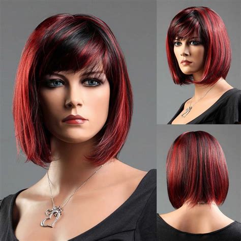 ladies short black red blend fashion wig hair  classic bob style wigs ebay front hair