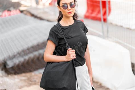 woman posing with blank black shirt stock image image of