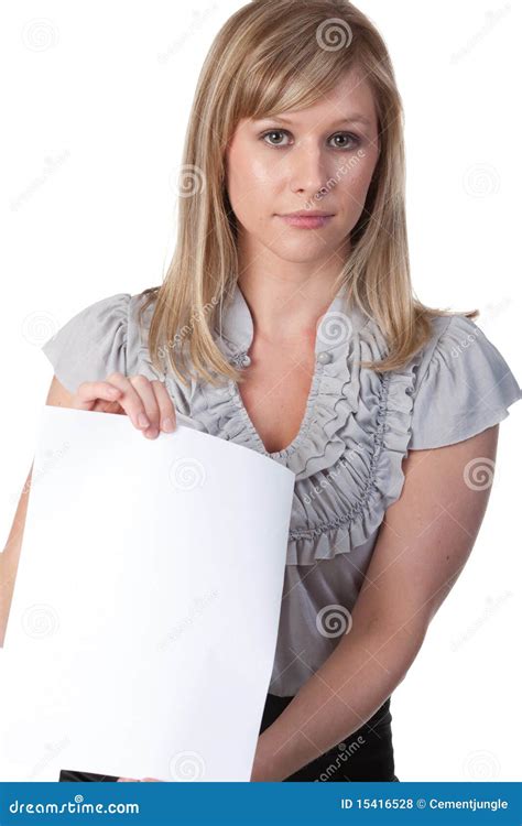 woman holding  blank sheet  paper stock photo image  paper