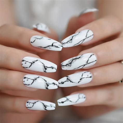 handgemaakte marmeren nagels wit lange salon doodskist nagels zwart steen naad shine nep nagels