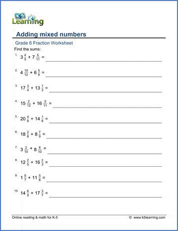 grade  addition  subtraction  fractions worksheets  printable