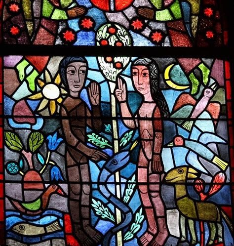 Stained Glass Window 1956 Of Adam And Eve With Sun Moon