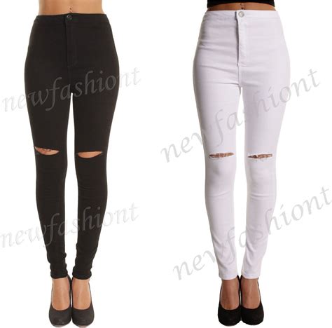 ladies ripped knee sexy skinny jeans womens high waisted jeggings 6 8