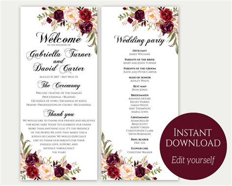 printable wedding program templates