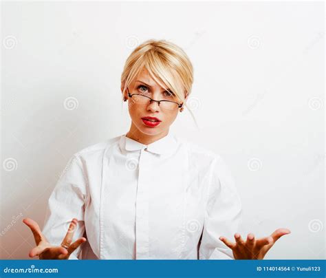 Young Pretty Blonde Real Girl Presenting Something At White Copy Stock