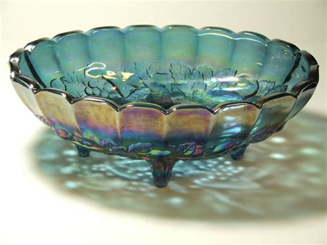 Vintage Blue Carnival Glass Large Footed Bowl Excellent