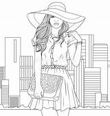 Girl Beautiful Coloring Hat Illustration Vector Pages Flowers Graphic Smelling Paris Over Handbag sketch template