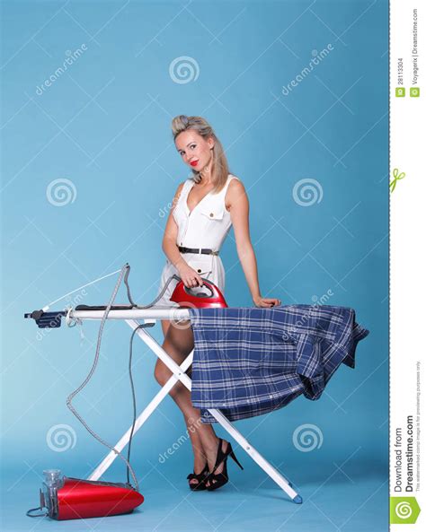 Pin Up Girl Retro Style Portrait Woman Ironing Stock