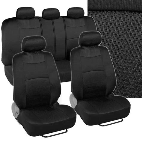 Black Car Seat Cover Set Split Option Bench 5 Headrests Cloth W Mesh Panels