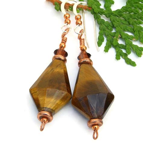 golden tigers eye earrings gemstones crystal copper handmade jewelry