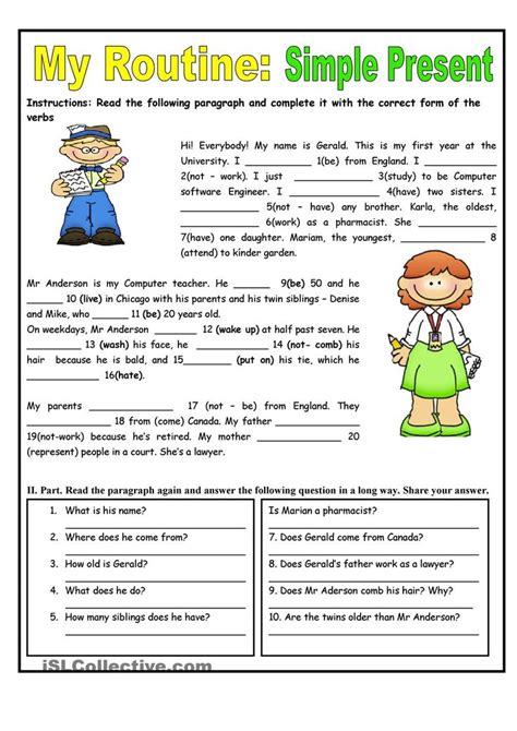 routine simple present tense worksheet kindergarten level