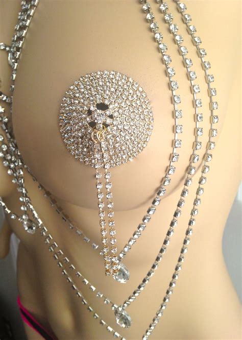 gold rhinestone nipple pasties cover tassels body jewelry