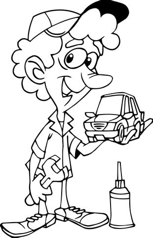 cartoon mechanic holding small car coloring page  printable