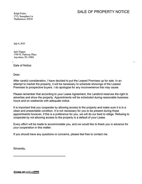 sale  property notice   landlord letter  intent letter