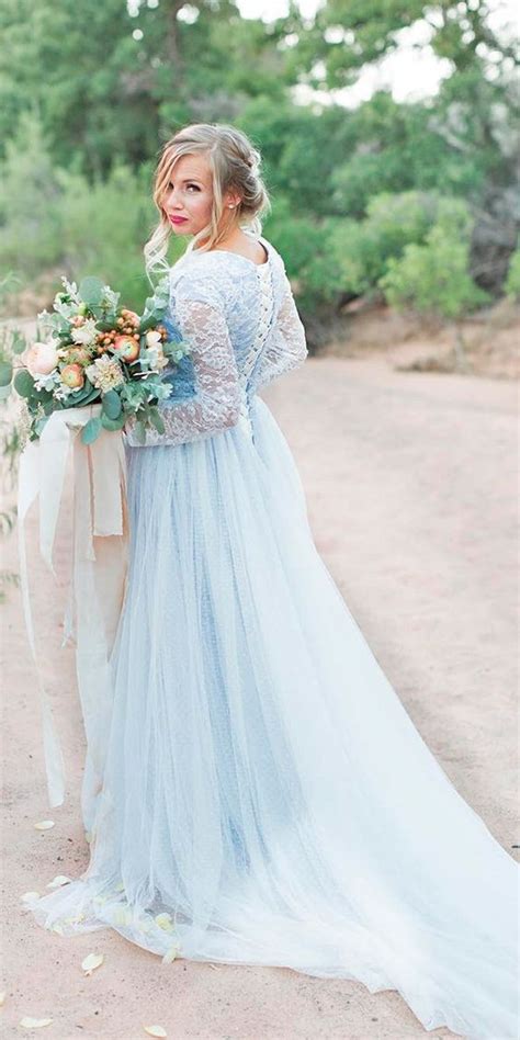 light blue a line tulle wedding dresses sheer long sleeve