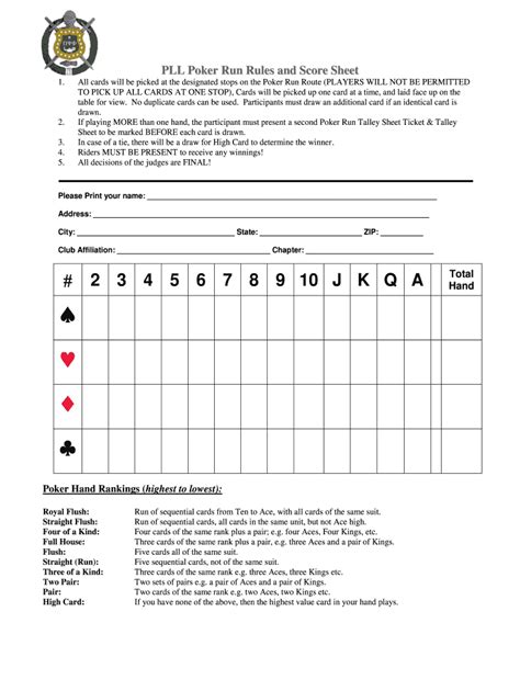 poker run score sheets printable   onset   game