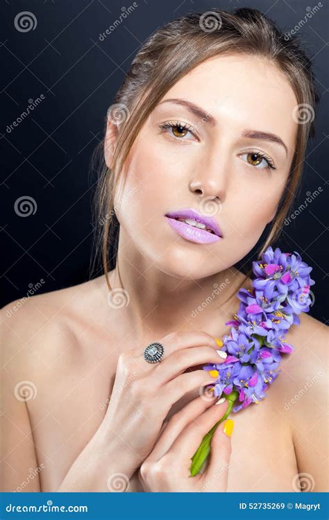 Close Portrait Of Beautiful Naked Girl With Bright Stock Image Image