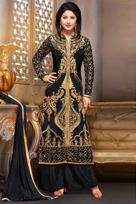 Hina Khan Georgette Party Wear Palazzo Pant Suit In Black