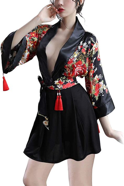 Womens Sexy Kimono Short Dress With Obi Belt Japanese Geisha Costume