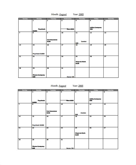 sample bill calendar templates