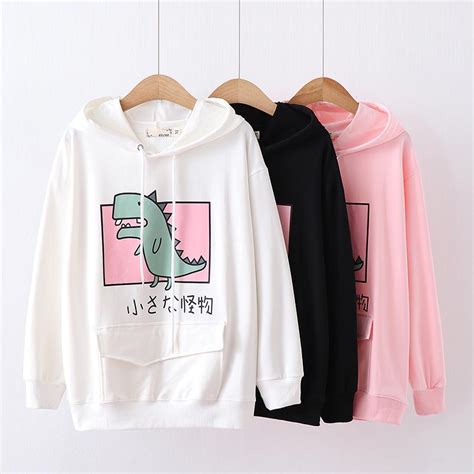 japanese harajuku winter pink white black dinosaur hoodie sweater