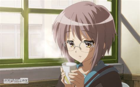 Brown Eyes Drink Glasses Nagato Yuki Purple Hair Seifuku