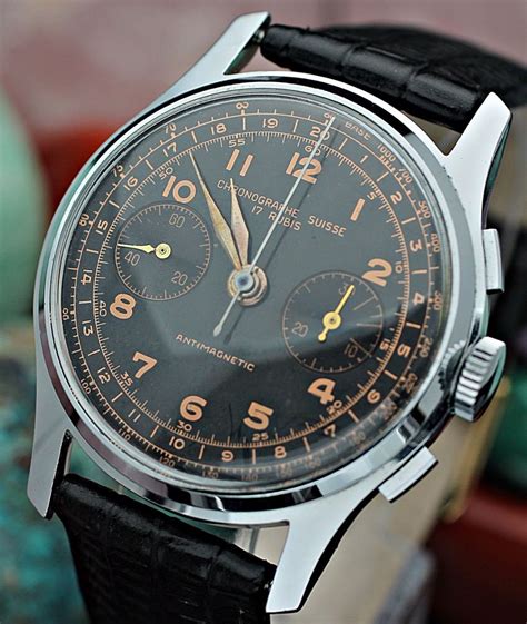 vintage chronographe suisse chronograph landeron black dial ss   sale