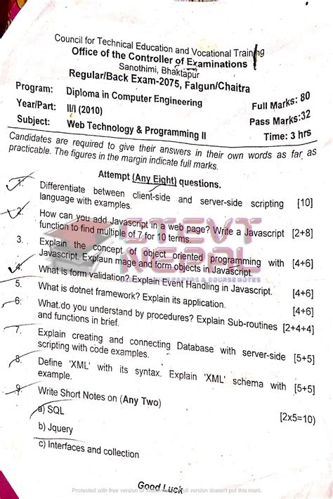 web technology  programming ii  semester questions papers ctevt diploma  computer