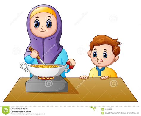 happy muslim mom cooking with her son stock vector
