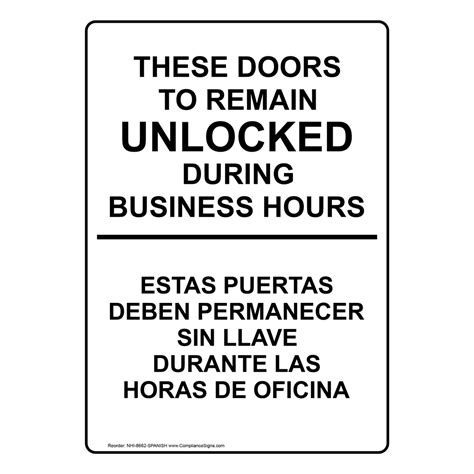 Doors Remain Unlocked During Business Hours Sign Nhi 8662 Spanish