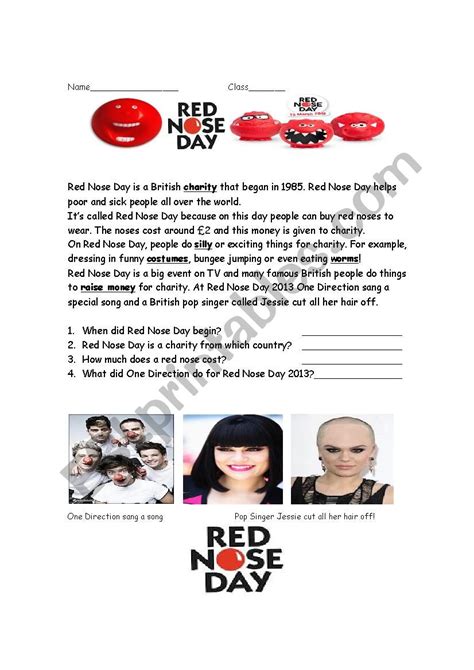 red nose day british charity esl worksheet  gavinmoffat