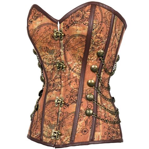 Brown Vintage Print Denim Sexy Corsets And Bustiers Steel Boned