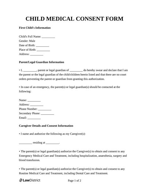 child medical consent form  template lawdistrict