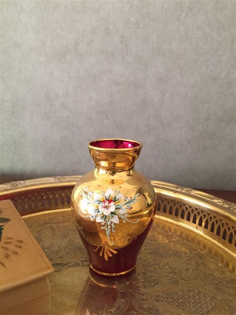 Vintage Murano Cranberry Glass Vase 24 Kt Gold Overlay Hand Painted