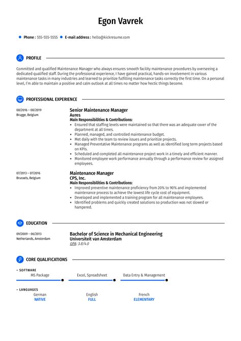 maintenance manager resume template