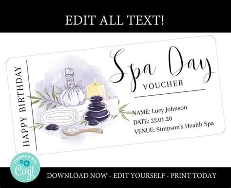 spa day gift voucher printable editable spa gift certificate etsy