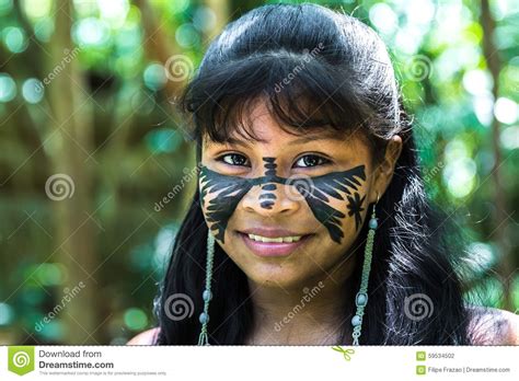 Native Brazilian Girl Smiling At An Indigenous Tribe In