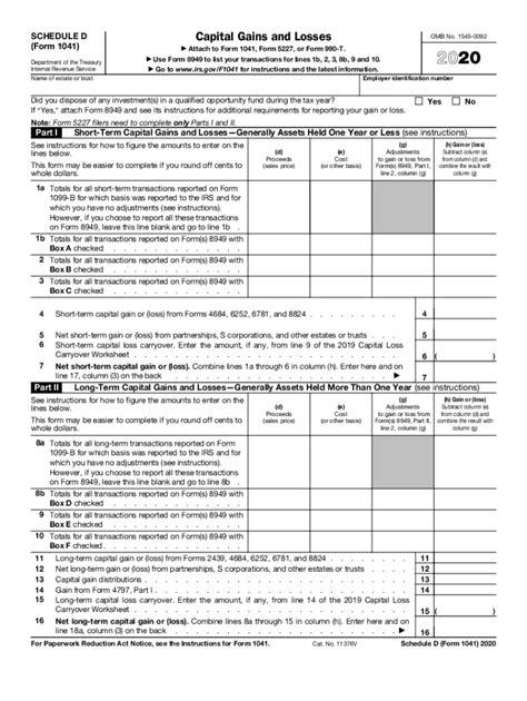 Irs 1041 Schedule D 2020 2022 Fill Out Tax Template Online Us