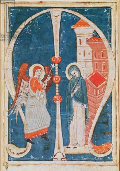 historiated initial  depicting  annunciation   choir book vellum