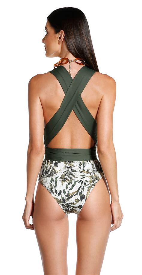 plunging one piece swimsuit with khaki leaves print strips selva