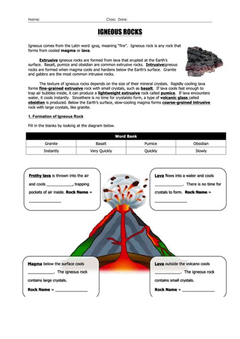 igneous rocks geology worksheet printable