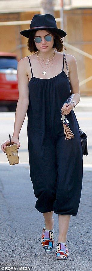 lucy hale dons chic navy jumpsuit in los angeles daily mail online