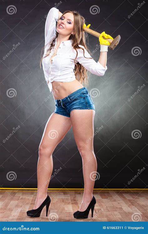 Alluring Woman Holding Hammer Feminism Stock Image Image Of