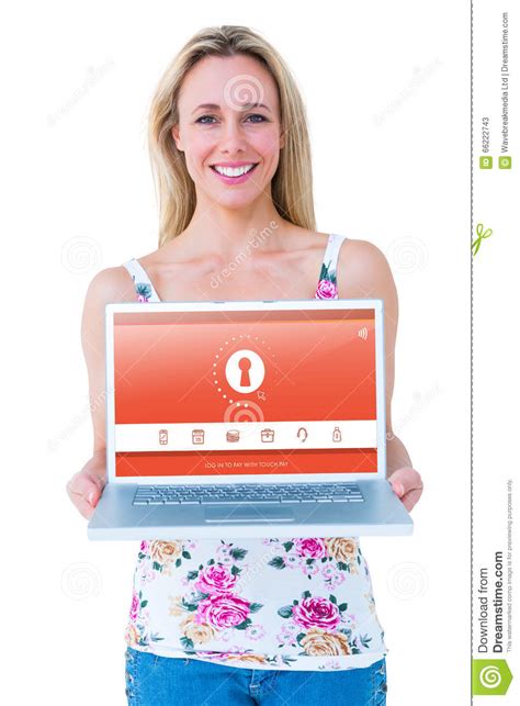 Composite Image Of Smiling Blonde Presenting Her Laptop Stock