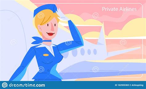 beatiful smiling stewardess standing in front of the airplane stock