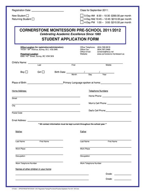preschool application form    fill  sign printable template   legal forms
