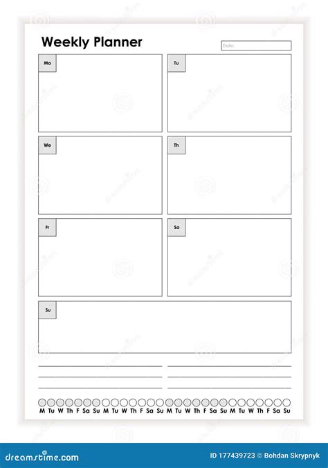 simple black  white weekly planner paper sheet template vector flat