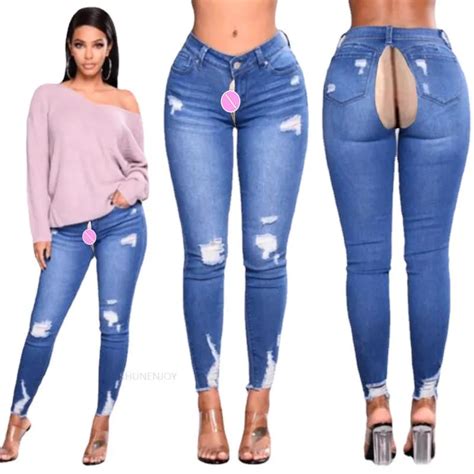 Invisible Zipper Open Crotch Pants Fashion Elastic Ripped Jeans Women